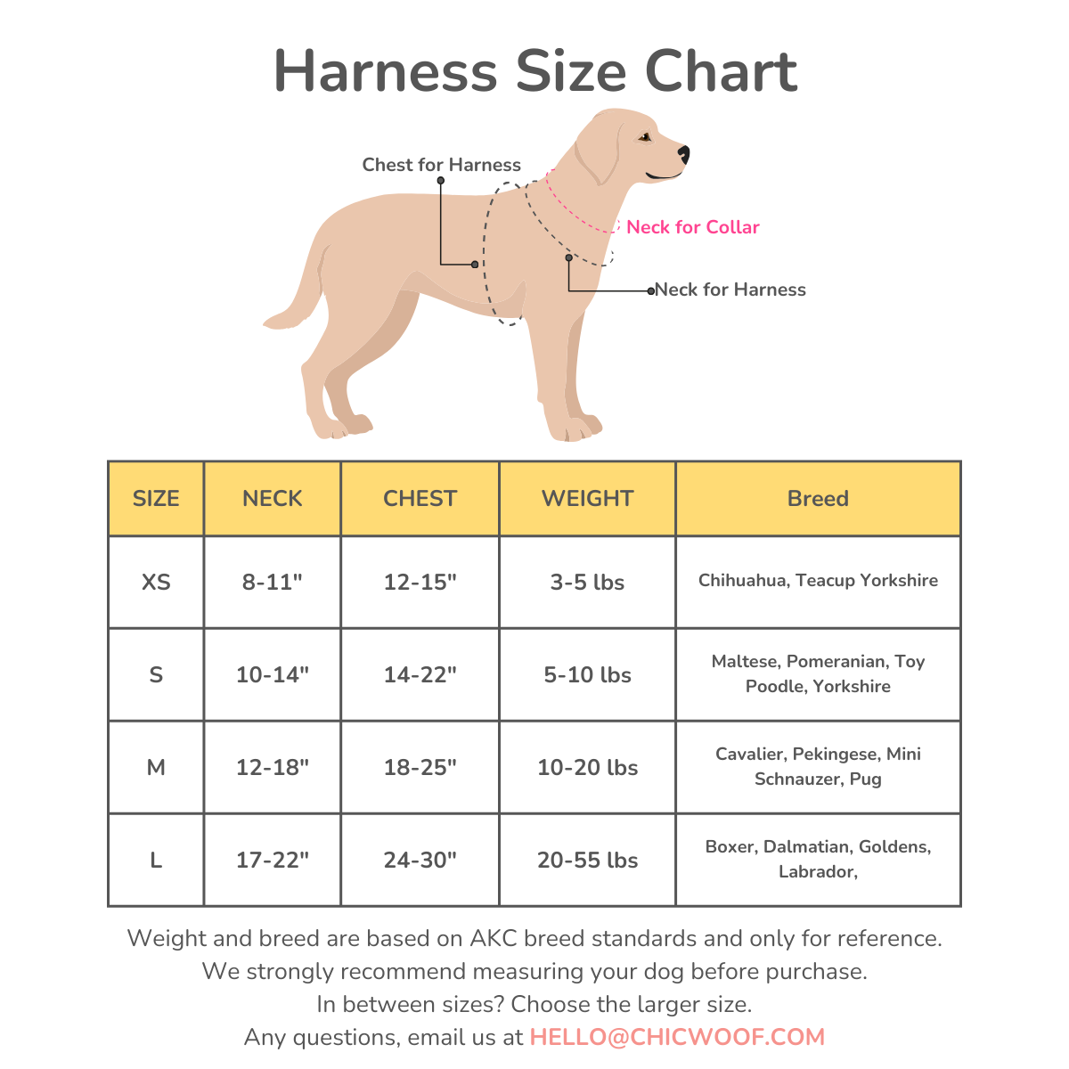 CHICWOOF Macaron Harness Size chart